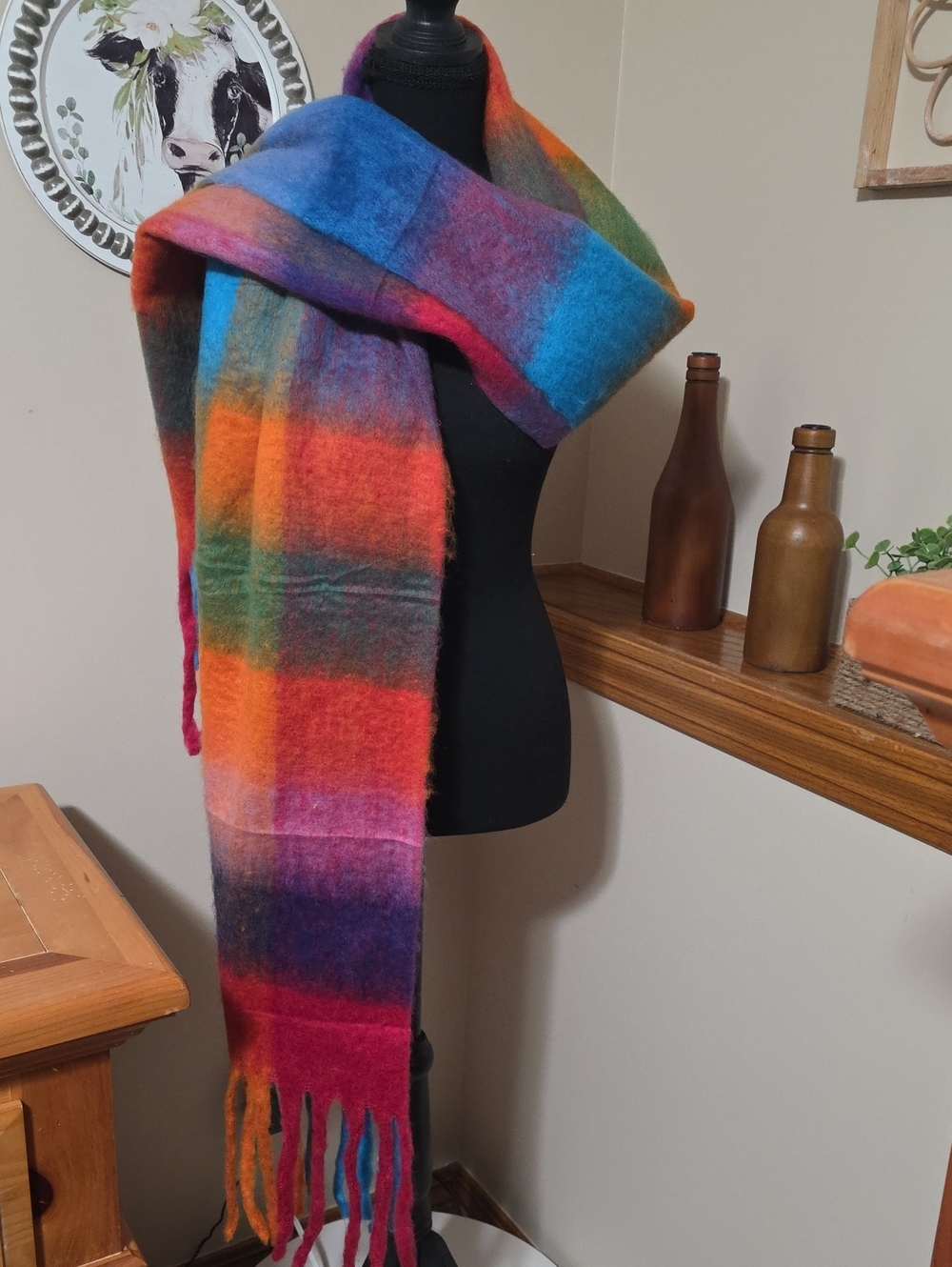Multi-Color Plaid Fringe Wool Scarf - Unbranded